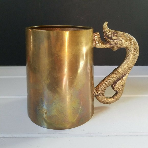 Vintage Brass Beer Tankard Stein Mug with Dragon Serpent Handle - Picture 1 of 9